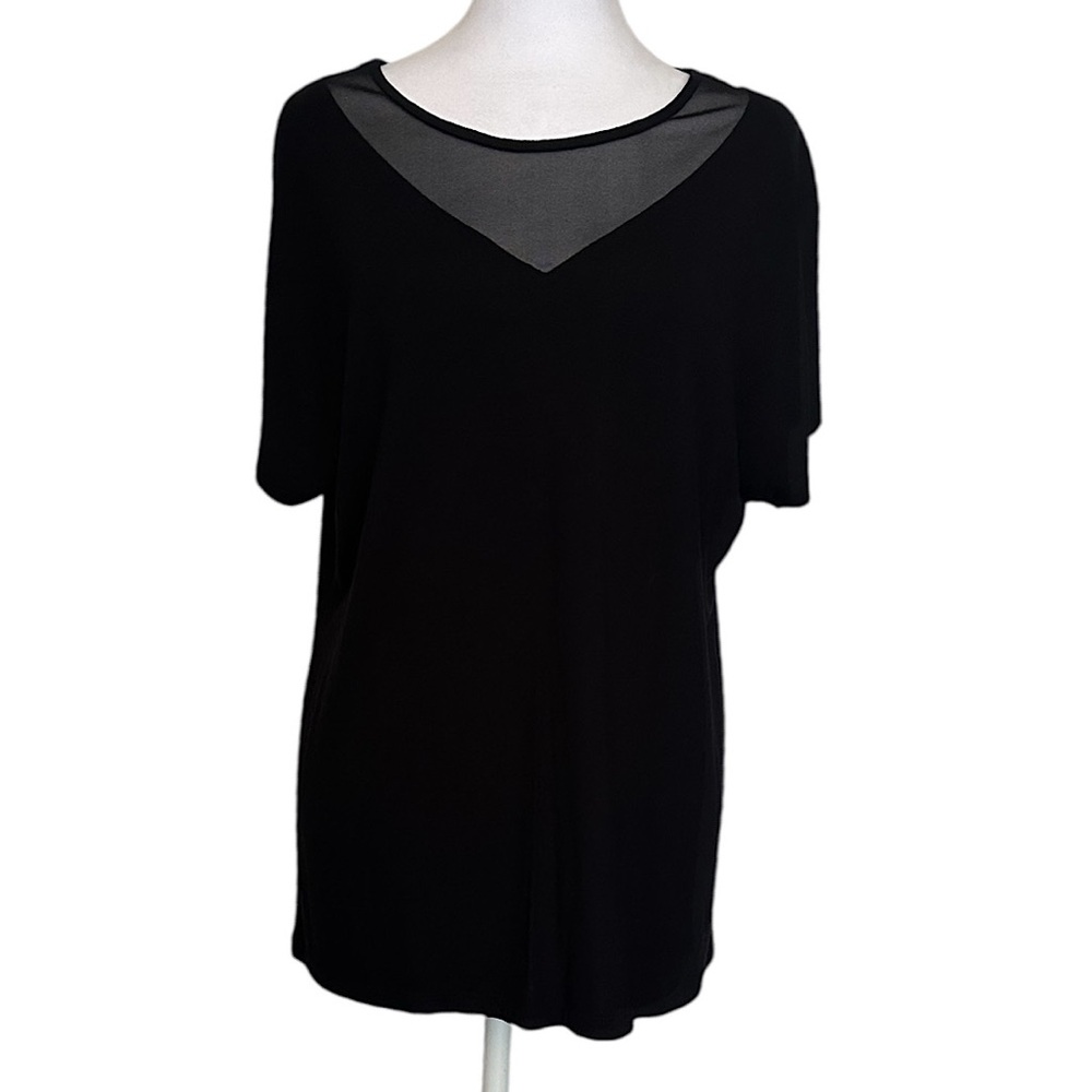 Tahari Women’s Black Short Sleeve Top Neck Sheer Detail Size L